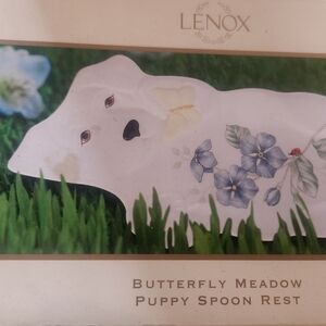 Lenox White Puppy Spoon Rest with Blue Floral and Yellow Butterfly
